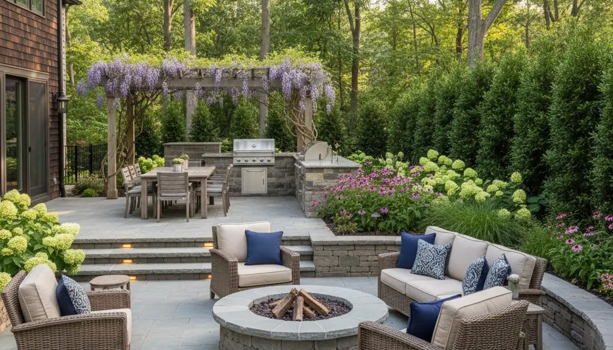 Backyard patio and landscape design with lighting by Chop Chop Landscaping in Harrisburg, PA
