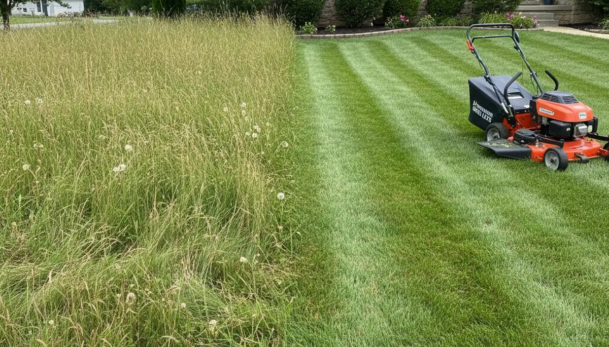 Before and after professional lawn mowing showing property transformation in Harrisburg, PA