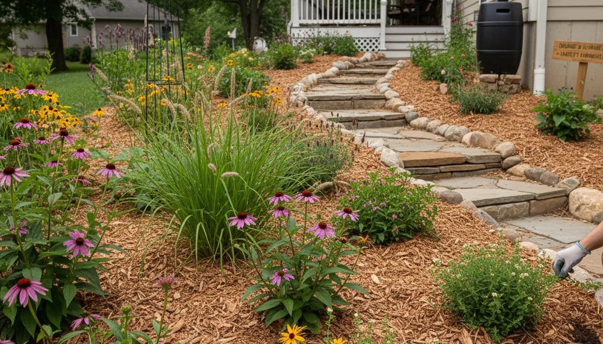 Organic landscape beds with lush plants and natural mulch in Harrisburg, PA by Chop Chop Landscaping