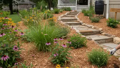 Organic landscape beds with lush plants and natural mulch in Harrisburg, PA by Chop Chop Landscaping