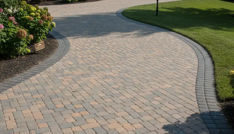 Curved paver driveway design by professional landscapers in Harrisburg, PA enhancing curb appeal