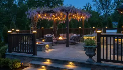 Deck and patio landscape lighting in Harrisburg, PA with illuminated steps and post cap lights