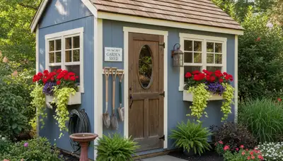 Decorative garden shed with lush landscaping by Chop Chop Landscaping in Harrisburg, PA