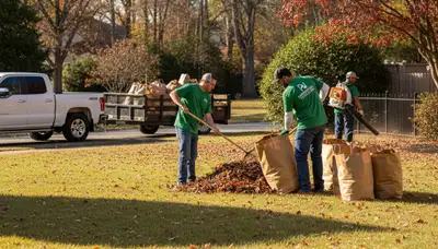 Professional landscapers performing fall leaf removal and yard clean up in Harrisburg, PA