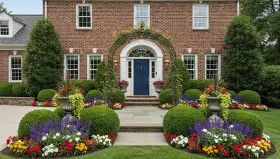 Front yard landscape design with colorful shrubs and flowers at a Harrisburg PA home entrance