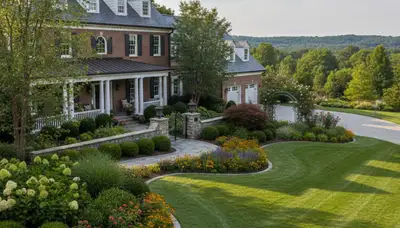 Full property landscape design with lawns, stone paths, and flower beds by landscapers in Harrisburg, PA