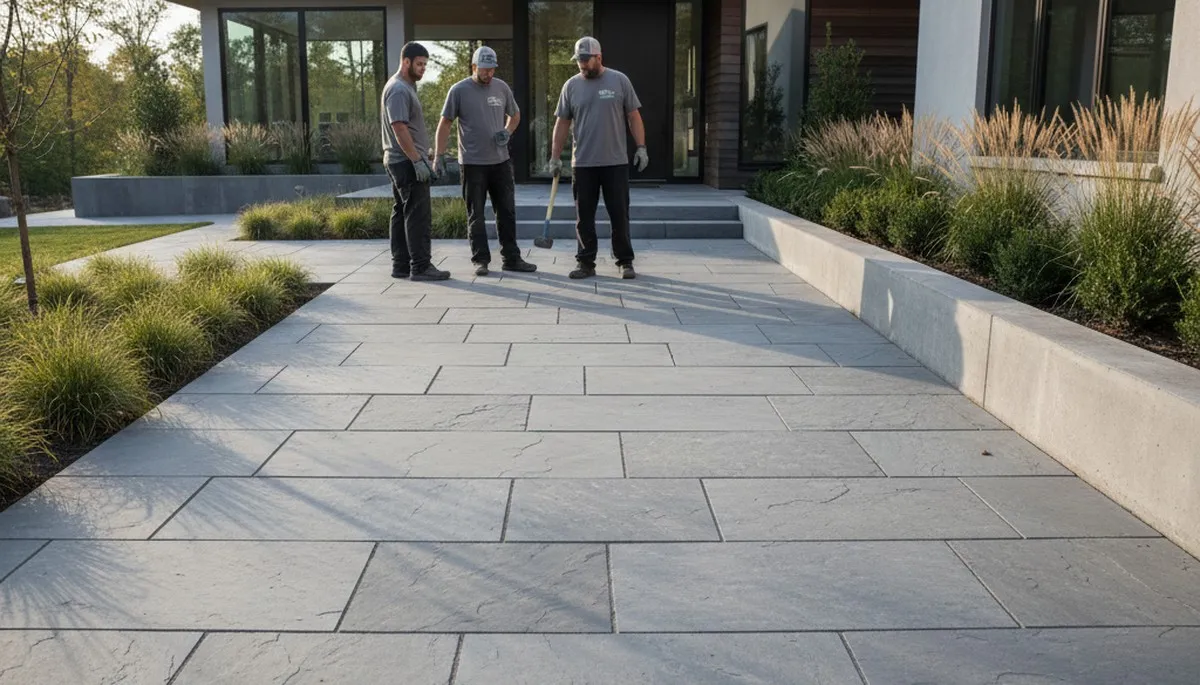 Modern large format stone patio installation by professional landscapers in Harrisburg, PA