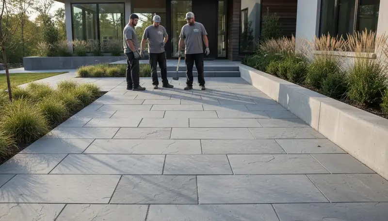 Modern large format stone patio installation by professional landscapers in Harrisburg, PA