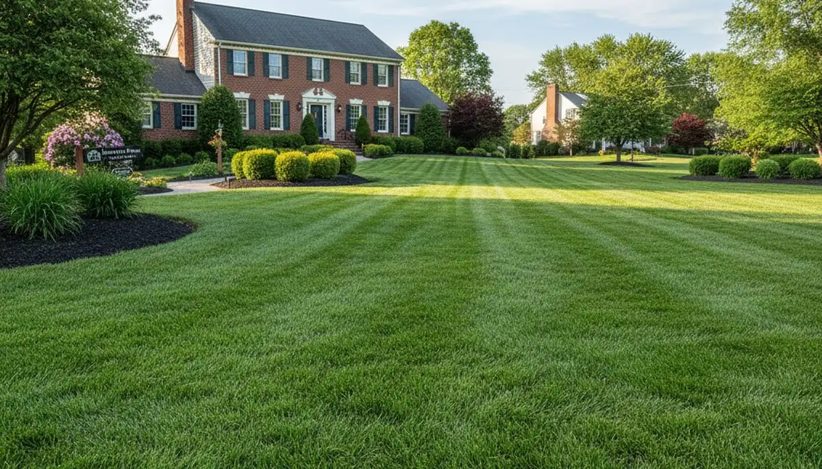 Lush green residential lawn after professional lawn care in Harrisburg, PA by Chop Chop Landscaping