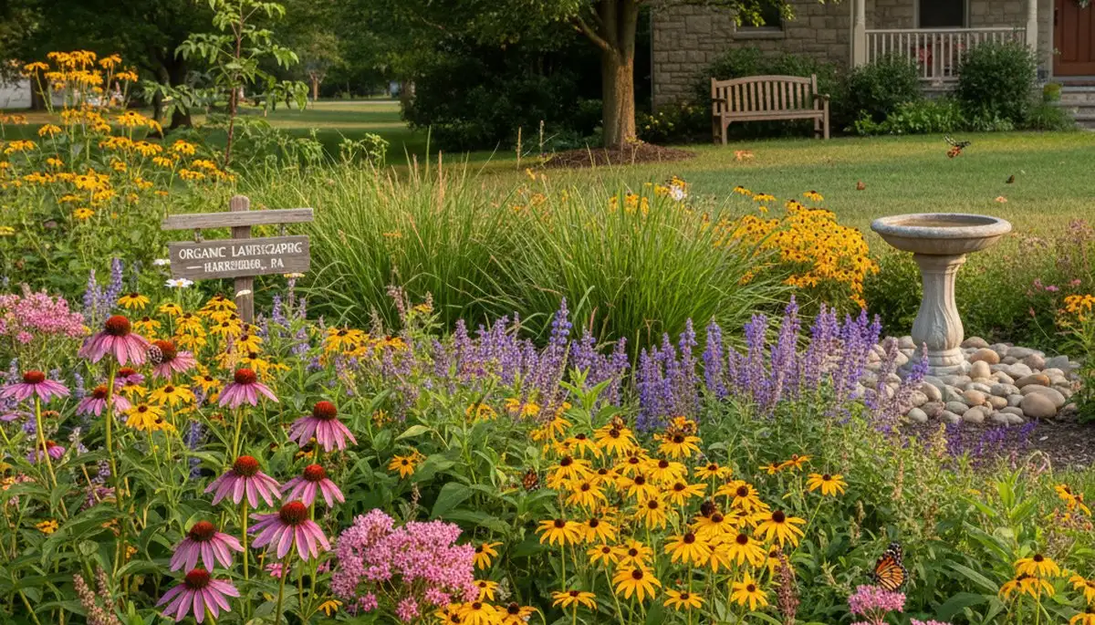 Native pollinator garden with bee-friendly flowers and native plants in Harrisburg, PA landscaping