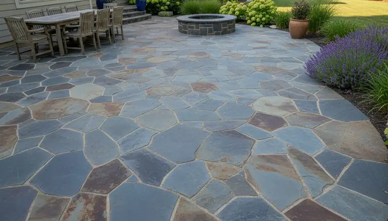 Flagstone patio installation with natural stone pavers by landscaping experts in Harrisburg, PA