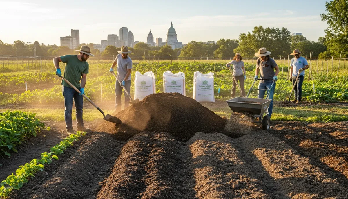 Organic soil amendment and compost application by landscapers in Harrisburg, PA for healthy garden soil