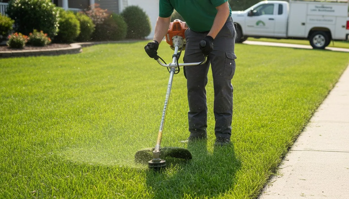 Technician edging lawn borders with string trimmer for precision lawn care in Harrisburg, PA