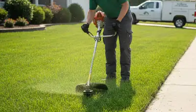 Technician edging lawn borders with string trimmer for precision lawn care in Harrisburg, PA