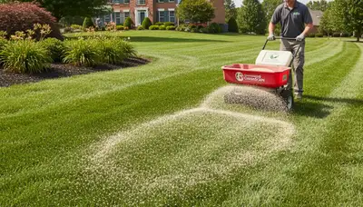Lawn care technician spreading fertilizer on residential lawn in Harrisburg, PA for even turf growth