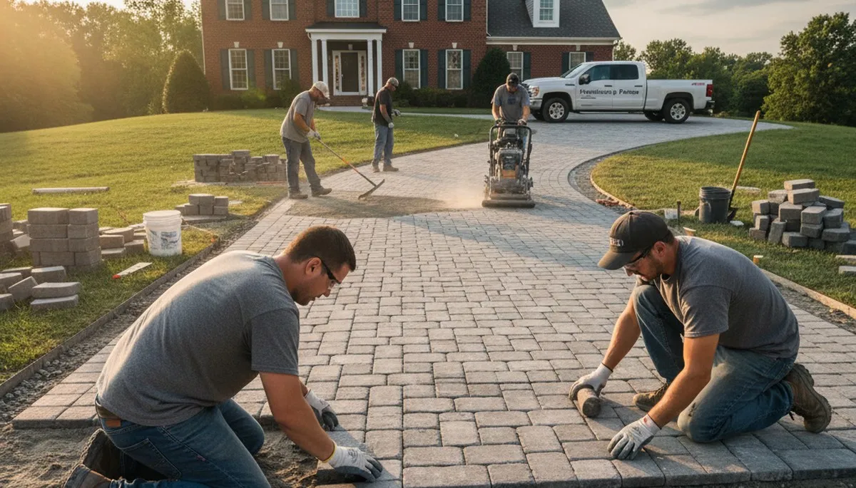 Crew installing driveway pavers in Harrisburg PA with precise base prep and leveling for lasting results