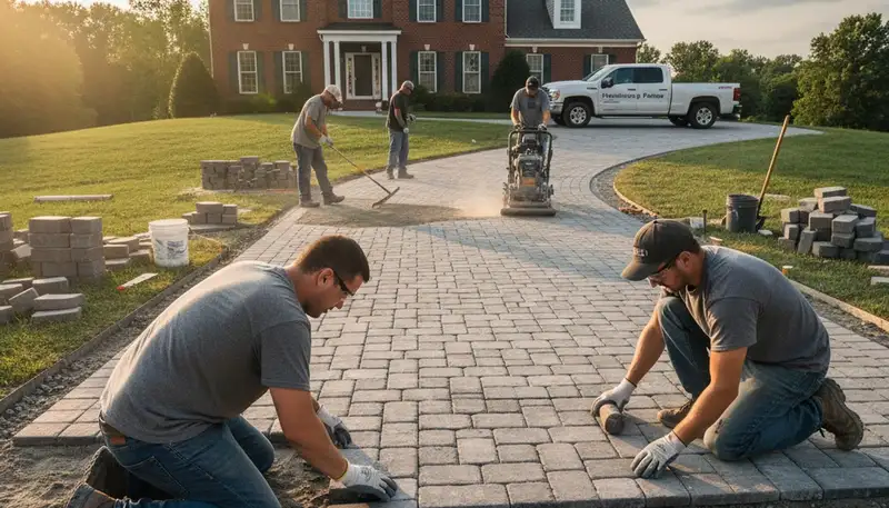 Crew installing driveway pavers in Harrisburg PA with precise base prep and leveling for lasting results