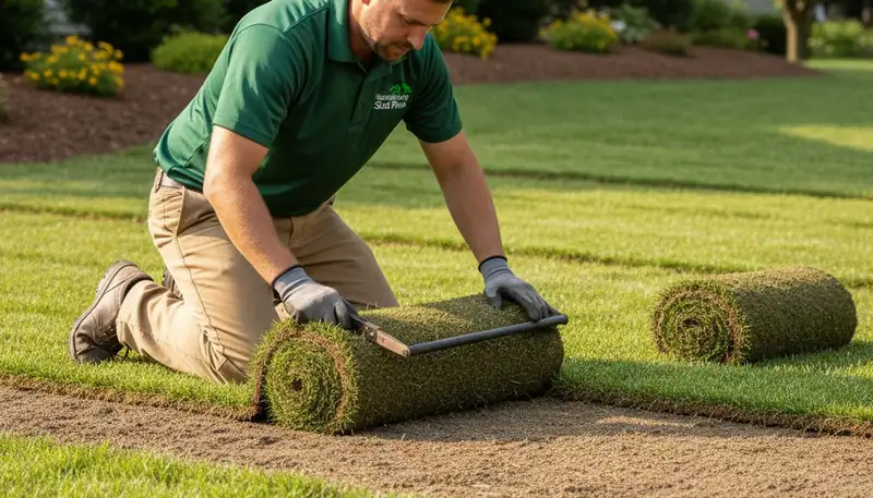 Professional landscaper installing fresh sod with staggered seams in Harrisburg, PA lawn