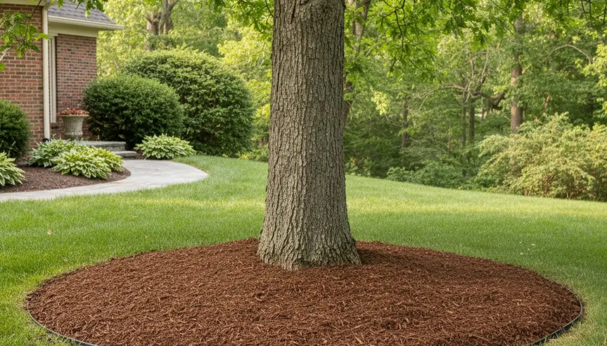 Professional tree mulch ring installation around trunk in Harrisburg, PA by Chop Chop Landscaping
