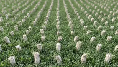 Close-up of soil core plugs from professional lawn aeration in Harrisburg, PA by Chop Chop Landscaping
