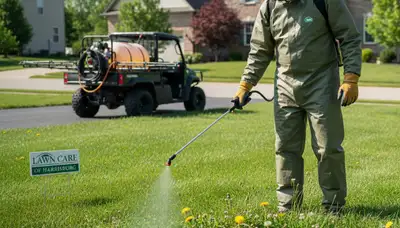 Lawn care technician applying targeted weed control treatment in Harrisburg, PA