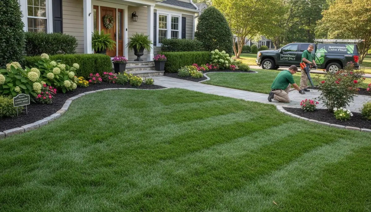 Lush green lawn and clean landscape beds showing expert lawn maintenance in Harrisburg, PA